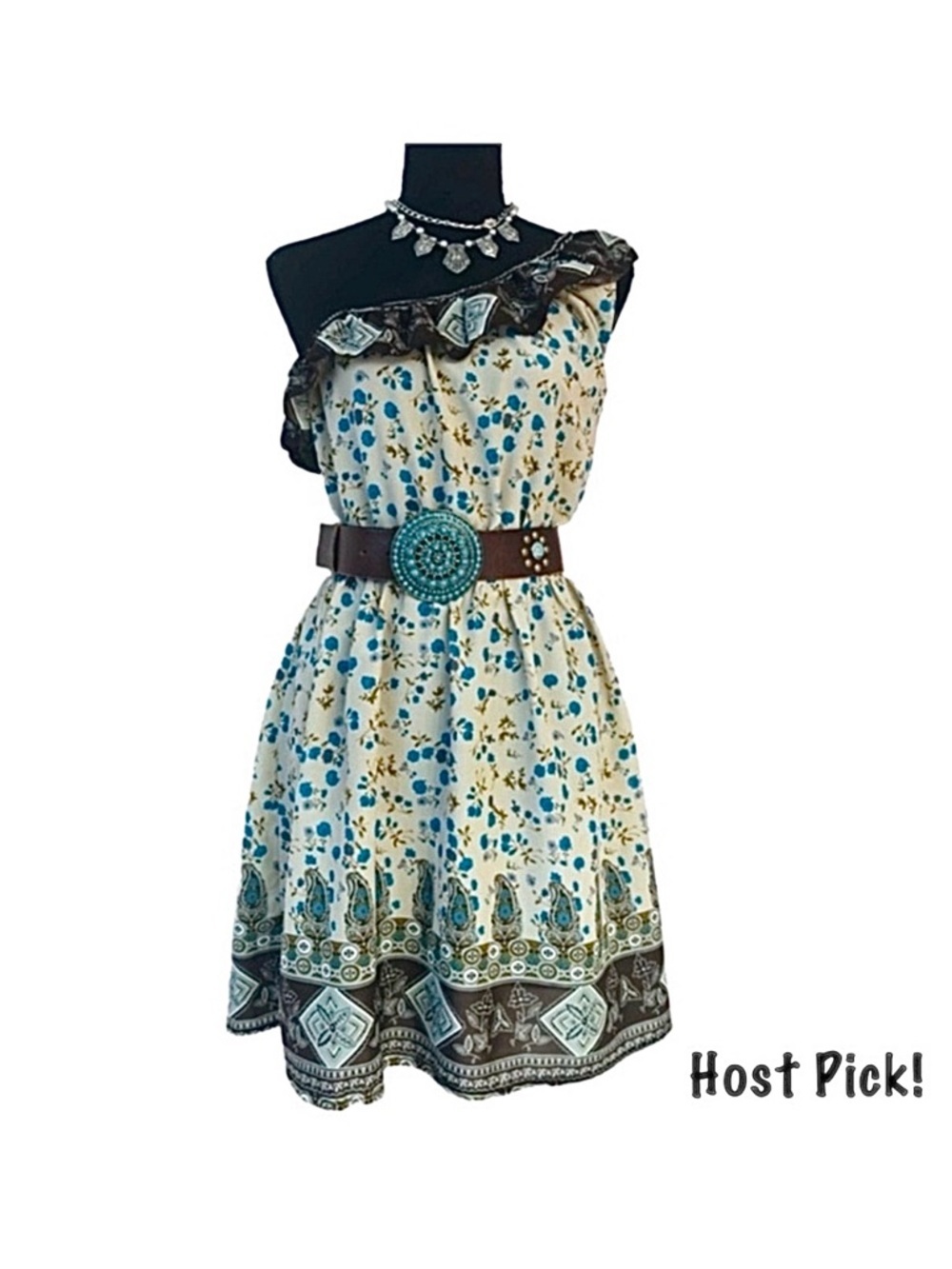 BLU PEPPER ~ One-Shoulder Floral and Paisley Dress w/Blue & Brown Accents size L